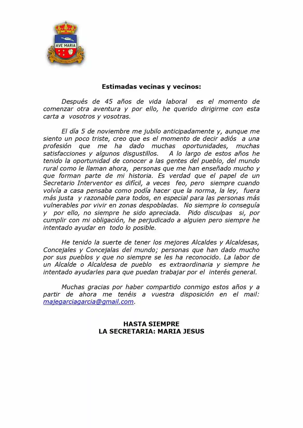 Carta de Despedida Mª Jesús